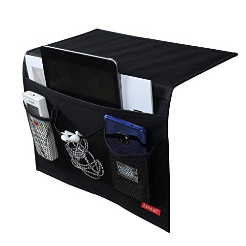 Meeall Bedside Caddy 4 Pockets Bedside Organizer Caddy Fit Tablet Magazine Phone Glasses, Under Mattress Remote Control Holder Storage Organizer, Black