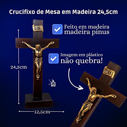 Cruz de Madeira com Base Crucifixo de Mesa com Cristo 24,5 cm Com Pedestal Para Altar Sala Quarto de