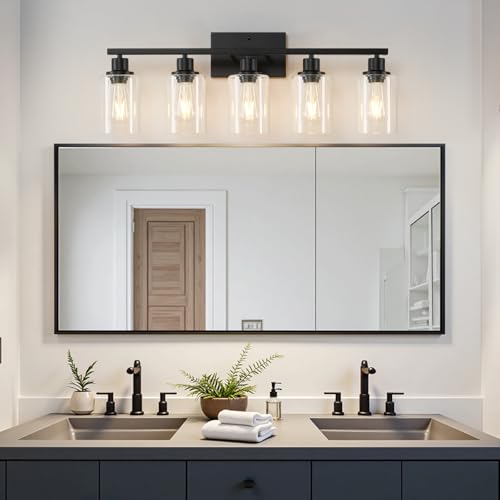 Image of MOKATNG 5-Light Bathroom Light Fixtures, Vanity Light with Clear Glass Shades, Matte Black Bathroom Light Fixtures Over Mirror, Modern Bathroom Wall Lamp for Mirror Living Room Cabinet Bedroom