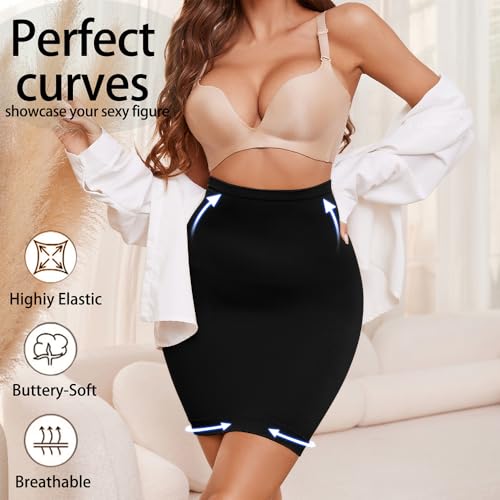 KOEMCY Shapewear Damen Hohe Taille Butt Lifter Miederröcke Nahtlose Sexy Elegant Unterröcke Figurformend Unterrock Halbrock Bauch Weg Halb Full Slip (Schwarz/XL)