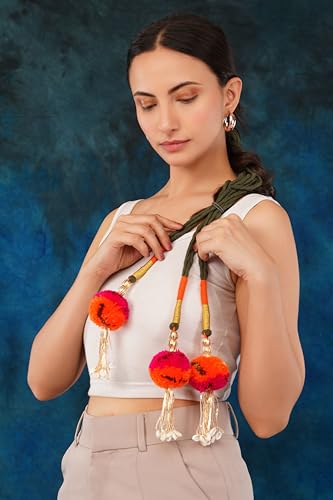 Image of Zippy Flora Gulabo Parandi (Orange) with pompoms| Handmade Boho Parandi | Traditional Hair Accessory with Tassels & Shells | Hair Extension | Choti | Versatile for All Hair Types