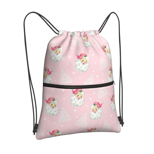 Image of Christmas Tree Santa Claus Drawstring Bag, Waterproof Snowflake Drawstring Bckpack for Gym Sports Xmas Party Gift, Women Durable Pink Sackpack Bag with Front Zipper Pocket and Inside Zipper Pocket