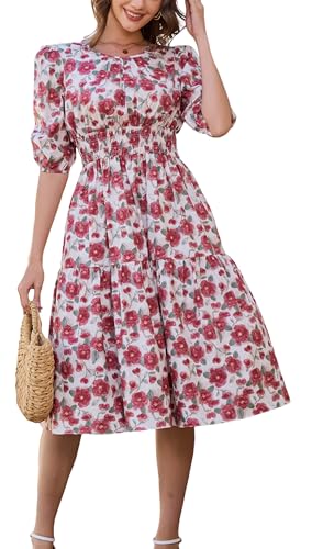 Image of Kormei Women Casual Boho Floral Round Neck 3 /4 Sleeve Smocked Waist Tiered A Line Flowy Swing Midi Dress Long Dresses