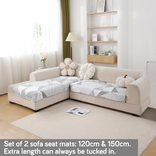Image of HOKIPO 'Elira Series' Printed Water Repellent + Waterproof Quick Dry L Shape (2+2 Seater) Sofa Seat Cover Mat, Snow White Black Geometry (AR-5245-C9 + AR-5246-C9)