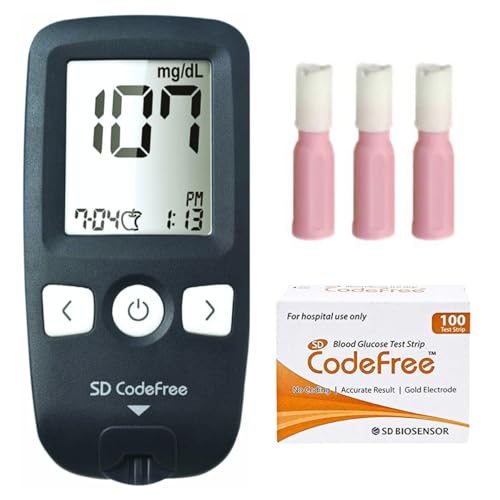 Image of SD Codefree Blood Sugar Monitor - Complete Diabetes Testing Kit with Glucose Monitor, 100 Test Strips, 100 SD Biosensor Safety Lancets & Case - Code-Free Blood Glucose Monitors for Accurate Diabetic Monitoring