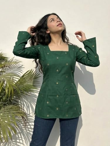Image of ANNI Designer Women's Viscose Blend Printed Short Kurti | Straight Fit Ethnic Top with Square Neck | Bell Sleeve Indian Kurta for Office College, Party