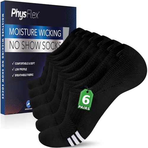 Image of PhysFlex No Show Socks for Women & Men - Low Cut, Flat Boat Line, Athletic Running & Casual Liner Socks (6 /3 Pairs)