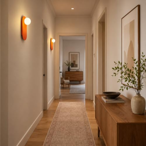 Image of Orange Glass Globe Wall Sconce,12 Inch,Suit for Bedroom Hallway | Frosted Sphere Lampshade, for Hallway and Bedside,Soft Warm Glow,MCM Style,Decorative Lighting,Hardwired Mount Design