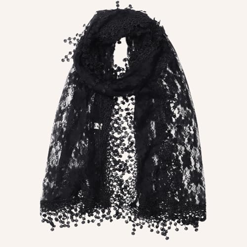 Solid Color Floral Tassel Shawl - Women's Fashionable Lightweight Plumeria Lace Scarf (Black)