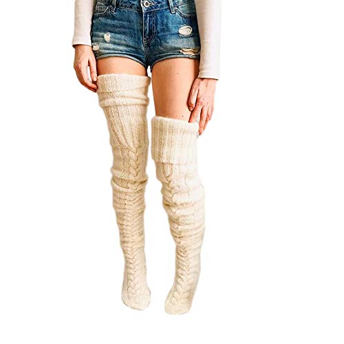 Womens Knitted Over the Knee Socks High Socks Thigh Stocking Leg Warmers (#5-Beige, Onesize)