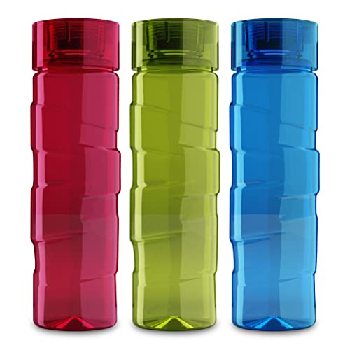 KOLORR Oceana 1 Liter BPA Free Plastic Water Bottle set of 3 for Home, Fridge, Office, Gym, Yoga, School, Travel (Multicolor)