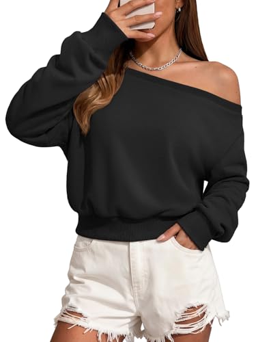 ATHMILE Womens Black Off the Shoulder Sweatshirt Crop Top Long Sleeve Pullover Comfy Sexy Y2K Casual Fall Outfits 2026