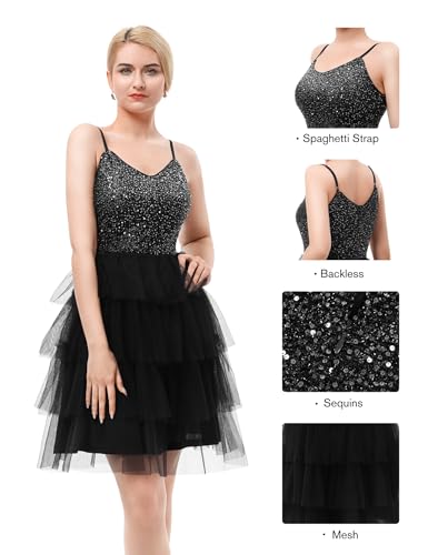 Image of Dressystar 2026 Women's Tiered Sparkly Sequin Glitter Formal Prom Dress Mini Spaghetti Strap Tulle Cocktail Party Dresses