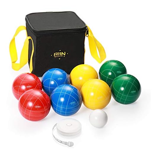 A11N 90mm Bocce Ball Set with 8 Balls in 4 Colors, Pallino, Carrying Bag, and Measuring Tape for Backyard, Lawn, Beach Game