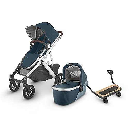 UPPAbaby Vista V2 Stroller - Finn (Deep Sea/Silver/Chestnut Leather) + Piggyback for Vista & Vista V2