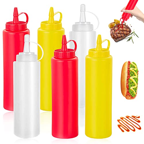 Bouteille à Sauce, 6 pièces 8 oz Condiments Squeeze Bouteilles, Flacon Souple en Plastique, Bouteille Pressable avec Capuchon, Bouteille Sauce, pour Ketchup, Moutarde, Huile Dolive, Mayo, sans BPA