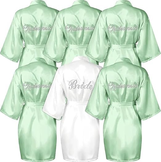 Malloom 6 Stück Damen Kimono Morgenmäntel, Kurze Hochzeitsroben mit Strasssteinen für Braut und...