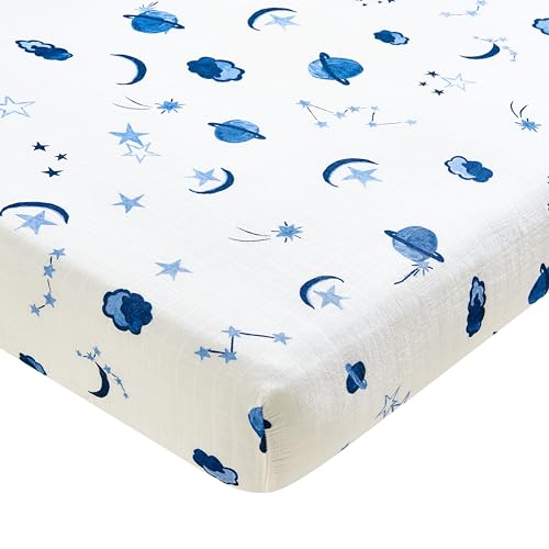 Image of Margaux & May Premium Crib Sheet, 70% Viscose from Bamboo 30% Cotton, Blue Space Design, Fitted, Breathable Crib Sheets, Toddler Bedding, 52 x 28, Deep Pocket, Ultra Soft