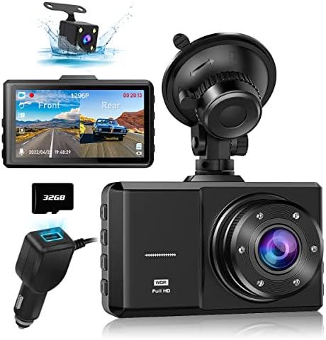 Dash Cam Front and Rear, SPADE Dual Dash Camera 1080P with 32G SD Card, Waterproof Backup Camera, DVR Car Dashboard Camera 1296P with Night Vision WDR G-Sensor Parking Monitor Loop Recording[Up-Grade]
