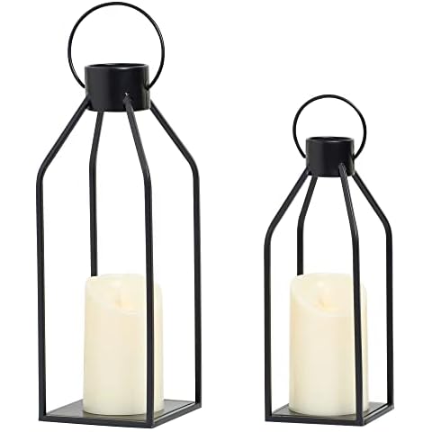 HPC Decor Modern Farmhouse Lantern Decor- Black Metal Candle Lanterns for Christmas- Lanterns Decorative w/Timer Flickering Candles for Living Room,Home,Indoor, Outdoor,Table,Fireplace Mantle Décor Cover