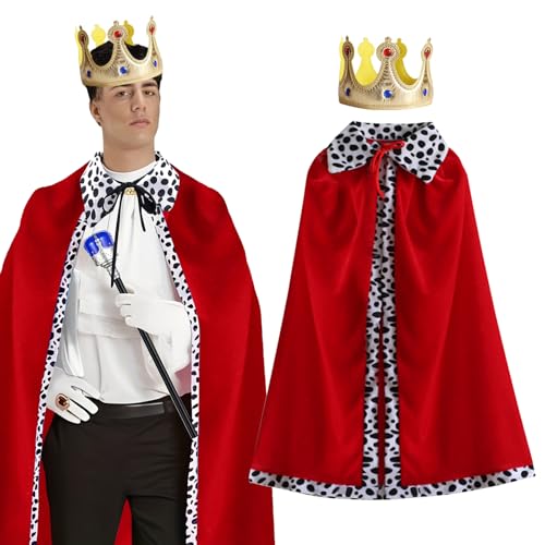 Immagine prodotto: TYXHXTF Set di costumi da re regina per adulti, Mantello del Re Costume, accappatoio da regina con corona, mantello rosso per giochi di ruolo, 150 cm