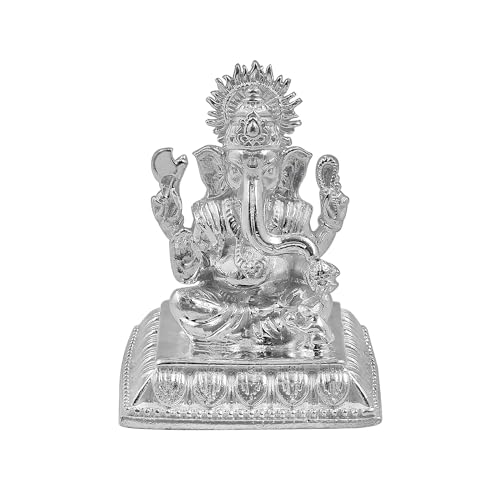 Image of MAA SILVER Pure Silver Ganesha Ganpati ji BIS Hallmarked Solid Idol /Murti with Designer Square Base Paat Perfect for Gifting & Pooja Use (925 Purity)(60 Grams Silver)