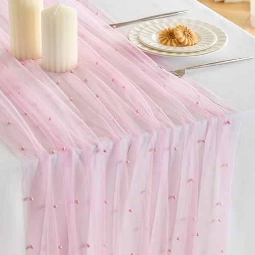 Fanami 1 Pack Pearl Table Runner -10FT Blush Pink Boho Tulle Table Runners 120 Inches Long Rustic Sheer Lace Fabric Centerpieces for Wedding Arch Birthday Party Bridal Veil Baby Shower Decorations