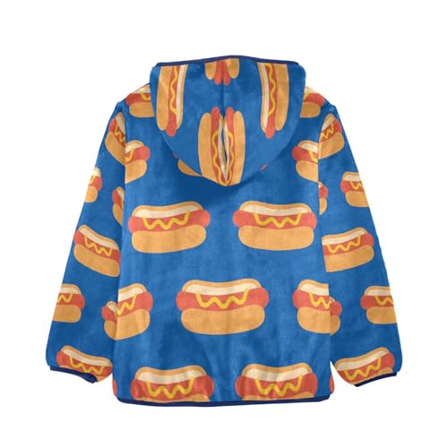 Hot Dog Pattern on Blue Toddler Fleece Jacket Girl Boys Hooded Fleece Jacket Coat Warm Outwear Zip-up 3-10T2