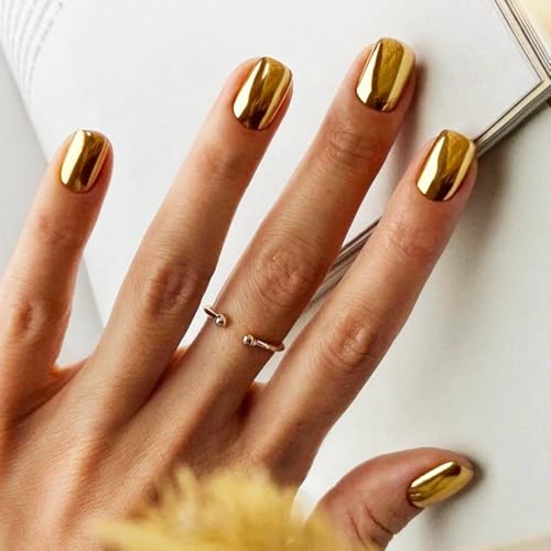 Press on Nails - Metallic Gold Color False Nails | Golden Metal P...