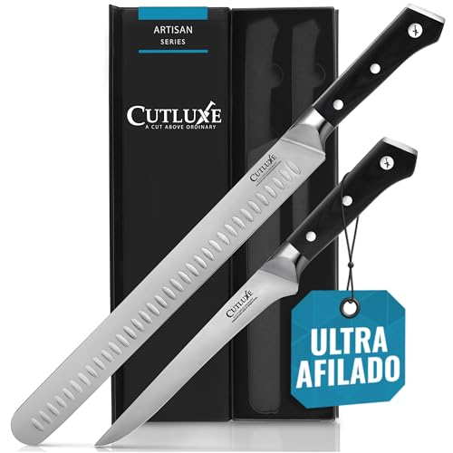 Cutluxe Set de Cuchillos Trinchar Profesional BBQ (2 piezas) - Cuchillo Jamonero Profesional de Carne Y Cuchillo Deshuesador - Cuchillos Cocina con Acero Alemán - Mango Ergonómico - Serie Artisan