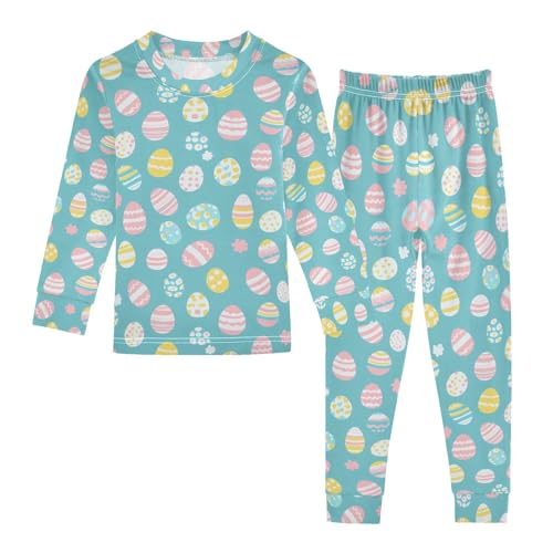 ALAZA Colorful Easter Egg Flower Blue Pajamas Long Sleeve Sleepwear 2-Piece Pajama Set