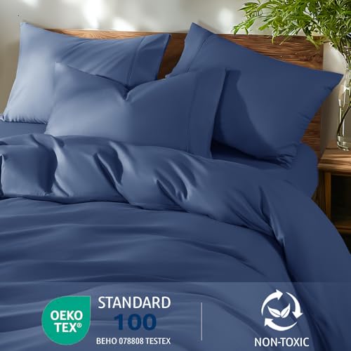 Shilucheng 100% Cotton Queen Size Duvet Covers - 600 Thread Count, Luxury Sateen Weave Egyptian Cotton Comforter Cover with Zipper Closure & Corner Ties,Hotel Bedding Duvet Covers 3 Piece (Navy Blue)