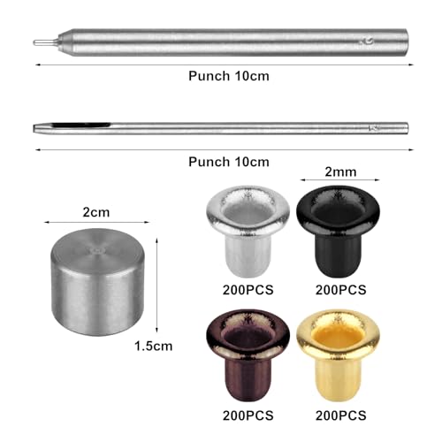 UTOCLEC 800 PCS Ösen Set, 2mm Plattiertes Kupfer Metall, Vier Farben, Innendurchmesser 2mm, Grommet Ösen mit Werkzeugset, für Schuhe, Lederwaren, Kleidung, DIY Handwerksprojekte Usw
