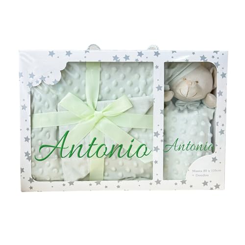 Manta de Bebe Personalizado con su Nombre Bordado, Cochecito o capazo. Manta + DouDou (Verde)