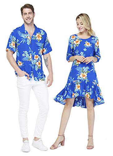 Couple Matching Hawaiian Luau Shirt 3/4 Sleeve Ruffle Dress in Hibiscus Blue
