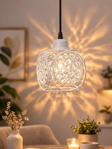 Image of Modern White Metal Crystal Pendant Light | Round Cage Hanging Ceiling Lamp | Decorative Chandelier Light for Living Room, Bedroom, Dining Area | Warm Ambient Lighting (Ring Cube White)