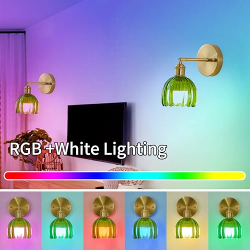 Image of Vintage Battery Operated Wall Sconces with Remote, 180 Degree Adjustable, Modern Battery Powered Wall Lighting Fixture with Green Tulip Glass Lampshade for Bedroom Bedside Bathroom-2Pack