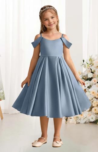 Elegant Satin Flower Girl Dress with Spaghetti Straps Bow Knot Birthday Wedding Pageant Formal Midi Satin Dresses2