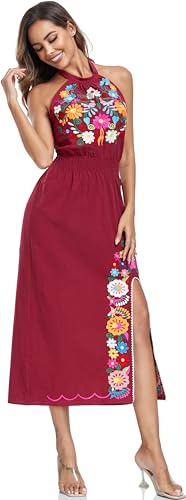 Image of Womens Mexican Floral Embroidered Halter Maxi Dress Side Slit Boho Dress | Sleeveless Halter Neck High Split, Fiesta Party Sundress, Elastic Smocked Waist, Cotton Summer Maxi Dress