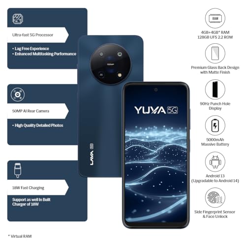 Image of Lava Yuva 5G (Mystic Blue, 4GB RAM, 128GB Storage) |Octacore 5G 6nm Processor | 50 MP AI Camera |5000 mAh Battery| Upto 8 GB Expandable RAM