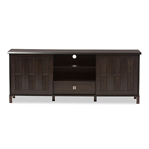 Baxton Studio Wholesale Interiors Unna Wood Tv Cabinet With 2 Sliding Doors And Drawer, 70", Dark Brown #TOP3