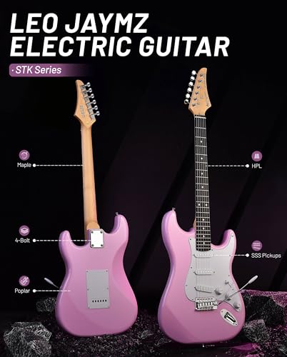 Image of Leo Jaymz Beginner Electric Guitar 39 inch Kit with Portable Amplifier, Padded Gig Bag, Digital Tuner，Capo，Strap，Picks，Classic SSS Pickups (Pink)
