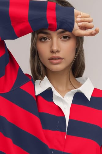 MISSACTIVER Striped Sweatshirt Mini Dress Women Long Sleeve Collared Button Down V Neck Oversized Pullover Tennis Dress4