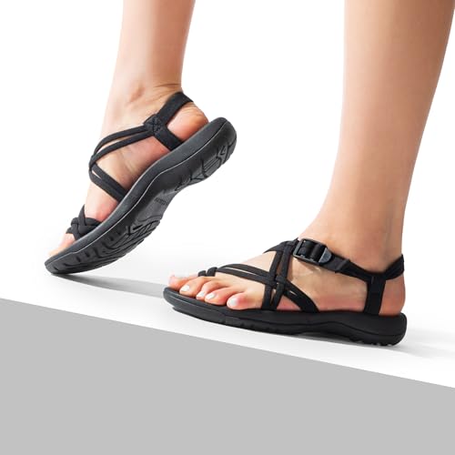 DREAM PAIRS Women's Stretch Strap Walking Sandals,All Black,8 angle 8