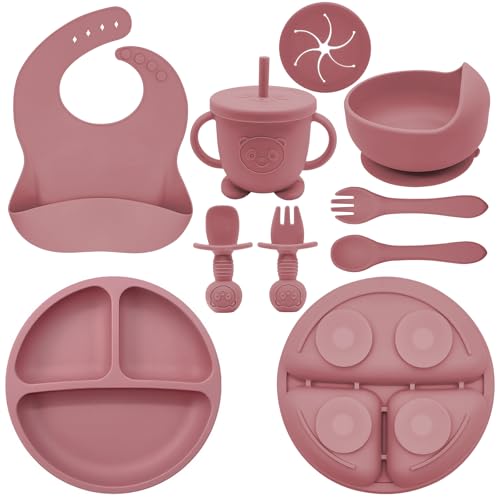Munlinder Silicone Baby Feeding Set | Baby Led Weaning Supplies Includes Suction Bowls and Divided Plates, Adjustable Bib, Baby Utensils Spoons and Forks,Cup | Baby Feeding Essentials (Red)