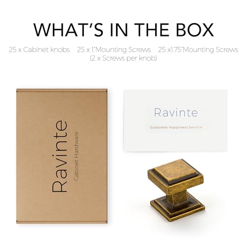 Image of Ravinte 25 Pack Antique Brass Square Kitchen Cabinet Knobs,Zinc Solid Drawer Pulls,Farmouse Cabinet Handles for Cupboard, Closet, Dresser and Bathroom, Modern Cabinet Hardware for Cabinets