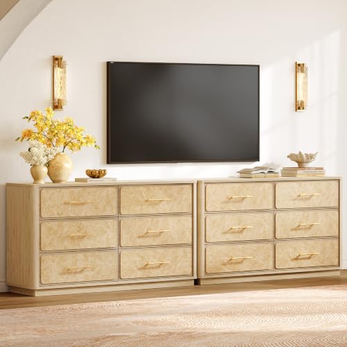 Image of SICOTAS 110 inch Extra Wide Dresser for Bedroom- Burl 6 Drawer Chest of Drawers