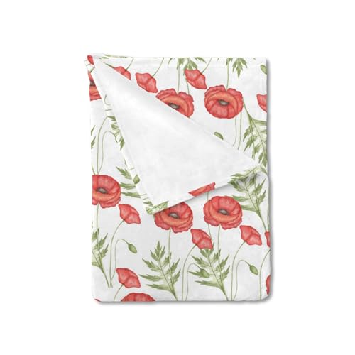 Image of Boho Retro Poppy Flowers Leaves Baby Blanket for Girl Boy - Red Floral Spring Blossom Swaddle - Wild Plants Receiving Blanket for Toddler Newborn - Nursery Crib Bed Daycare Playmat 30x40