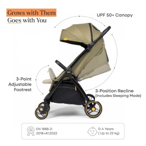 Image of Loopie Hop 1 Hand Fold Travel Friendly Compact CABIN Stroller for 0-4 Years | 3 position RECLINE Seat with SLEEPING position | SUN Protection UPF 50+ Canopy | 5 Point Safety HARNESS | 360 Wheels | 5 KG storage BASKET | WASHABLE Oxford Cotton fabric | MOSQUITO NET | Self-standing | 1 year WARRANTY | Olive Green