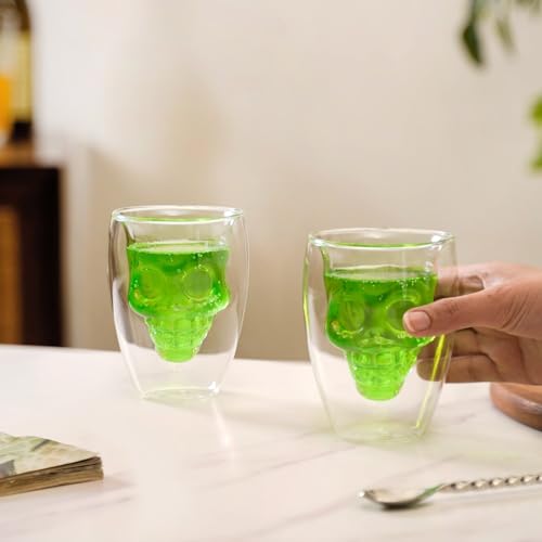 Image of Nestasia Skull Shaped Double-Walled Glass Tumblers Set of 2 (250ml) | Microwave & Dishwasher Safe | Stylish Glasses for Cocktails, Parties, Margaritas